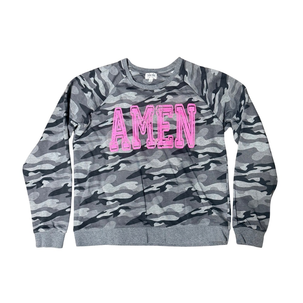 Texas True Threads Womens Amen Camo Sweatshirt Grey Pink Graphic Pullover S